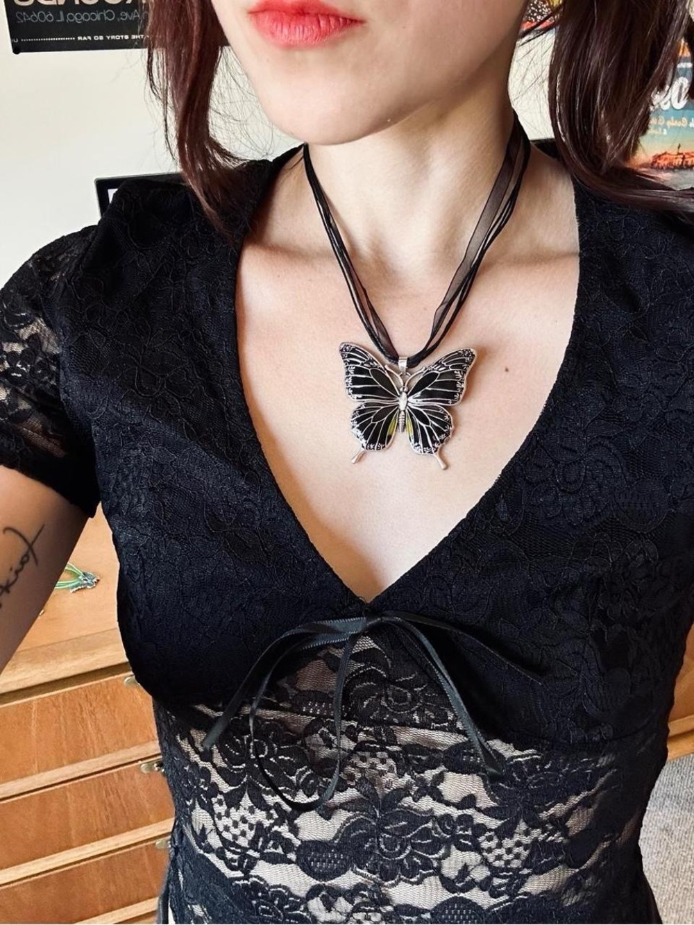 Butterfly Pendant Necklace - Black and Silver Women's Jewelry